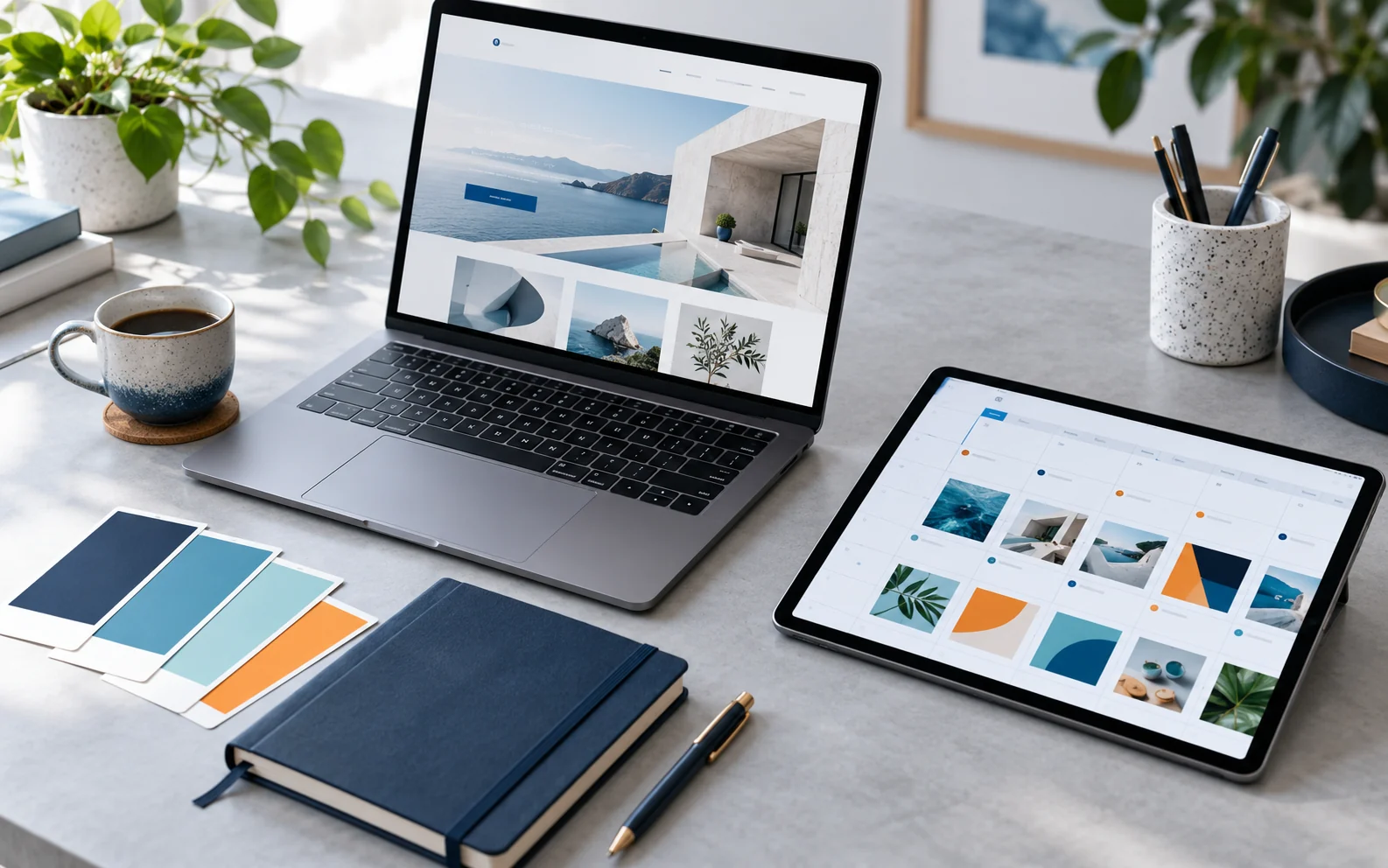 Illustrative creative workspace with a business website, a social media calendar and brand colour swatches