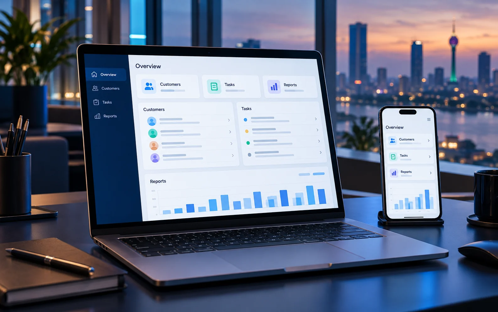 Illustrative business software dashboard on a laptop and phone, showing customers, tasks and reports